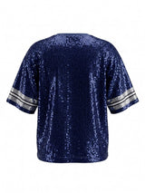 Navy blue sequined short-sleeve top with silver metallic striped trim on the sleeves, displayed on a flat white background. The garment features an all-over sequin design with a relaxed, casual fit.