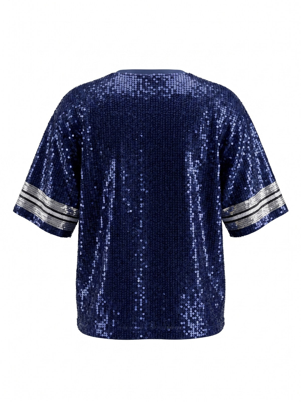 Navy blue sequined short-sleeve top with silver metallic striped trim on the sleeves, displayed on a flat white background. The garment features an all-over sequin design with a relaxed, casual fit.