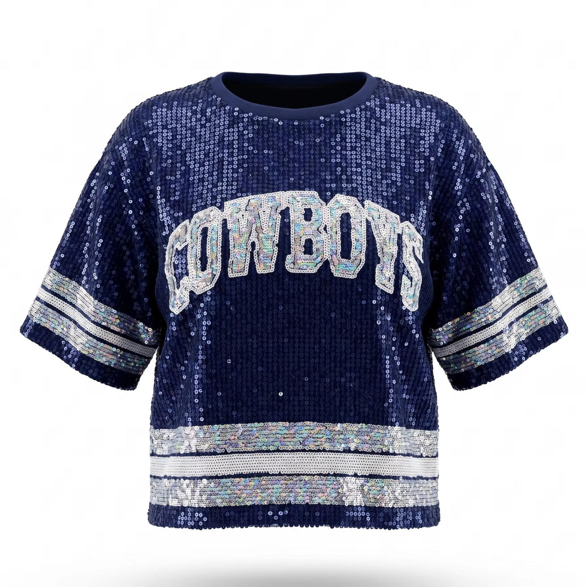 A navy blue sequined short-sleeve sweatshirt featuring "COWBOYS" in white and silver lettered appliqué across the chest, with matching silver sequined stripes on the sleeves and hem.