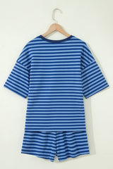 A blue and light blue striped short-sleeve t-shirt and matching shorts set displayed on a wooden hanger against a white background. The coordinating two-piece outfit features horizontal stripes throughout and a relaxed, casual fit.