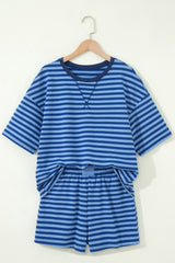 A children's two-piece set featuring a blue and light blue striped short-sleeved shirt with a crew neckline, paired with matching striped shorts with an elastic waistband, displayed on a wooden hanger against a cream background.