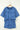 A children's two-piece set featuring a blue and light blue striped short-sleeved shirt with a crew neckline, paired with matching striped shorts with an elastic waistband, displayed on a wooden hanger against a cream background.
