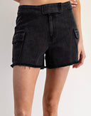 Black denim cargo shorts with distressed frayed hems, featuring cargo pockets on the sides and a mid-rise waistband.