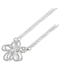 A silver-tone pendant necklace featuring a decorative flower or bow design embellished with sparkling cubic zirconia stones, suspended from a delicate chain.