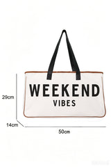 A cream-colored canvas tote bag with brown trim and black handles, featuring "WEEKEND VIBES" text printed in the center. Dimensions shown are 50cm width, 29cm height, and 14cm depth.