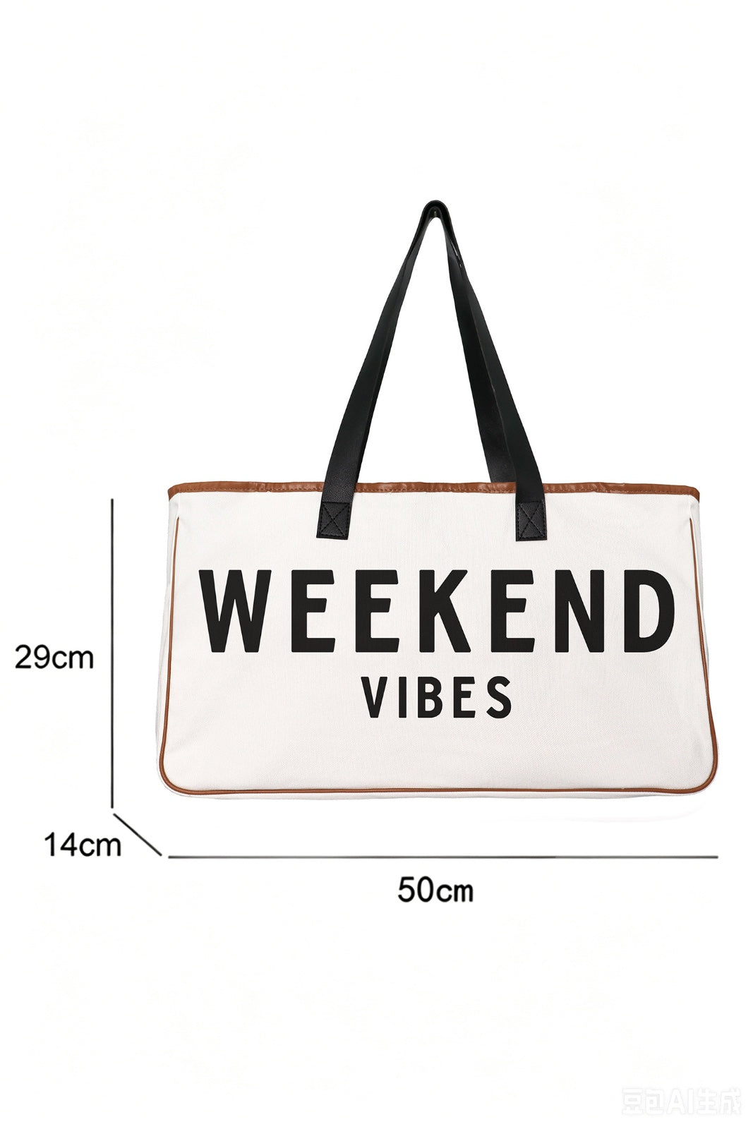 A cream-colored canvas tote bag with brown trim and black handles, featuring "WEEKEND VIBES" text printed in the center. Dimensions shown are 50cm width, 29cm height, and 14cm depth.
