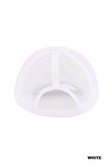 A white mesh trucker cap shown from the back, featuring ventilated mesh panels on the crown and a solid fabric front panel with an adjustable back closure.