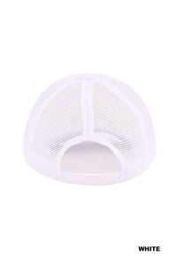 A white mesh trucker cap shown from the back, featuring ventilated mesh panels on the crown and a solid fabric front panel with an adjustable back closure.