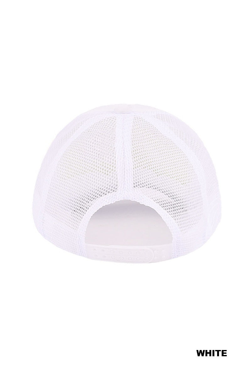 A white mesh trucker cap shown from the back, featuring ventilated mesh panels on the crown and a solid fabric front panel with an adjustable back closure.