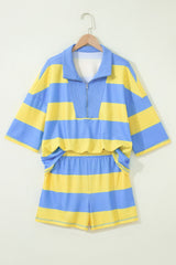A blue and yellow striped rugby-style short-sleeve shirt with matching shorts displayed on a wooden hanger against a white background. The set features bold horizontal stripes, a collared neckline with a quarter-zip closure, and an elastic waistband on the shorts.