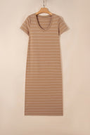 A taupe and cream striped short-sleeve t-shirt dress with a v-neckline, displayed on a wooden hanger against a beige background.