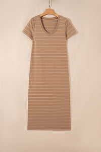 A taupe and cream striped short-sleeve t-shirt dress with a v-neckline, displayed on a wooden hanger against a beige background.