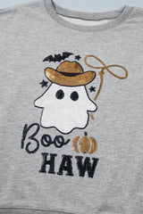 A light gray sweatshirt featuring an embroidered design of a friendly ghost wearing a tan cowboy hat, surrounded by a bat, stars, and a pumpkin, with "BOO HAW" text below in black lettering.