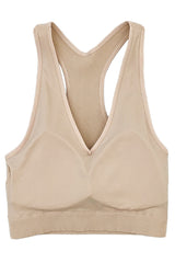 A beige racerback sports bra with a deep V-neckline and ribbed knit detailing on the back and lower band. The bra features a seamless front design and supportive structure in a neutral tan color.