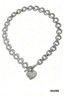 A silver-toned chain necklace with interlocking circular links and a polished heart-shaped pendant hanging from a toggle clasp.