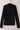 Black lace long-sleeve blouse with an allover floral pattern and high neckline, displayed on a wooden hanger against a neutral background.